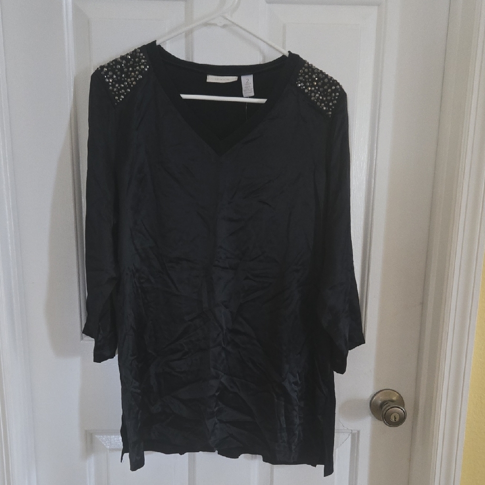 Chico's Black Satin Blouse with Embellished Shoulders
